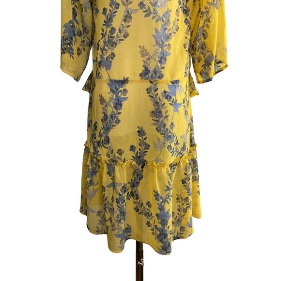 BCBGMAXAZRIA XXS Yellow Dress Floral V-Neck Ruffle Tiered Hemline Polyester - Picture 12 of 12